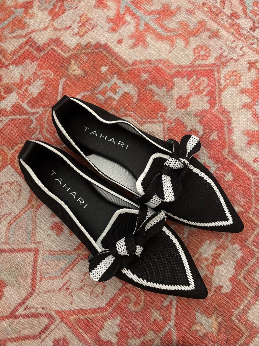 Tahari Black and White Pointed Knit Bow Flats